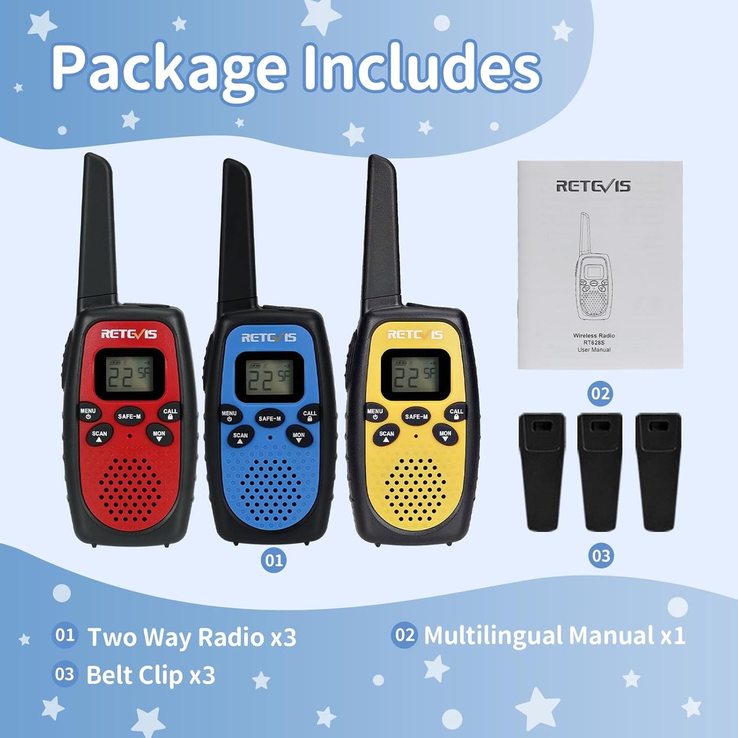 Retevis RT628S Walkie Talkies, RT628 2.0 Newer Version Portable FRS Two-Way Radios, Safe Mode, VOX Hands Free, Walkie Talkies for Adults Kids Camping Hiking Adventure (3 PCS)