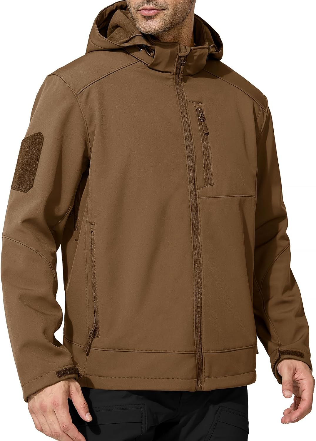 FREE SOLDIER Men's Lightweight Softshell Jacket Winter Fleece Lined Hooded Rain Waterproof Hiking Outdoor Jackets (Brown,L)