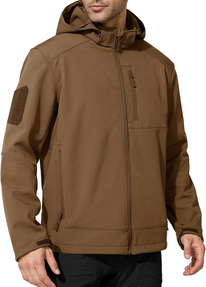FREE SOLDIER Men's Lightweight Softshell Jacket Winter Fleece Lined Hooded Rain Waterproof Hiking Outdoor Jackets (Brown,L)