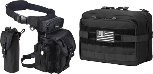 Jueachy Drop Leg Bag(Black)+Tactical Molle Pouch Admin Bag(Black)