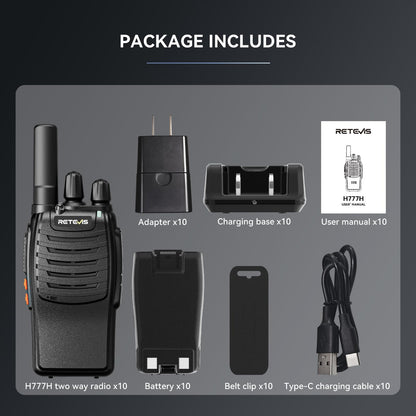 Retevis H-777 2 Way Radios, Walkie Talkies for Adults, Rechargeable Long Range Two Way Radio, Shock Resistant, Short Antenna for Business Education(10 Pack)