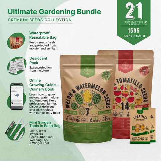 Organo Republic 7 Melon Seeds and 14 Tomato Seeds Variety Pack Bundle, 1,025+ Non-GMO Heirloom Garden Seeds for Planting Melons and Tomatoes for Indoor & Outdoor Gardening