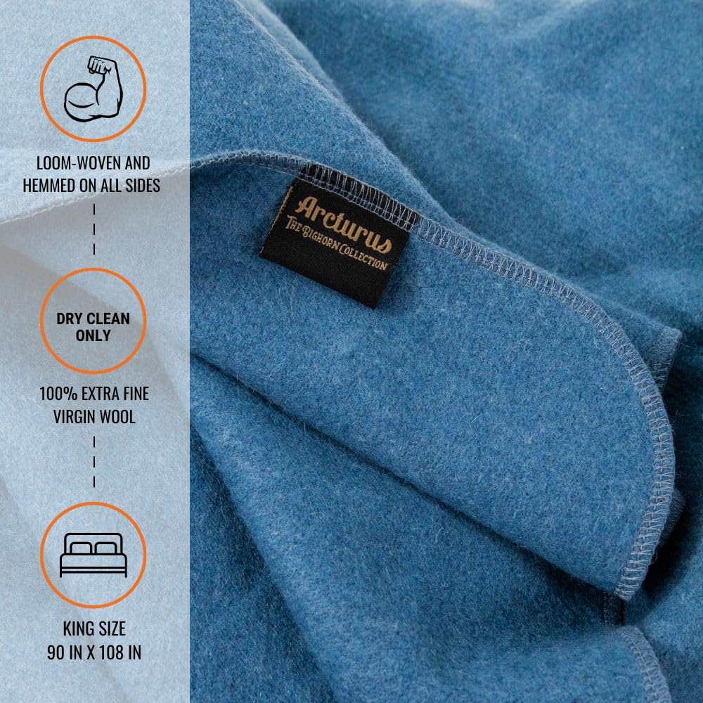 Arcturus Bighorn 100% Virgin Wool Blanket | Heirloom-Quality Wool Bedding for Home & Cabin | Warm, Thick & Durable (Queen Size, Steel Blue)