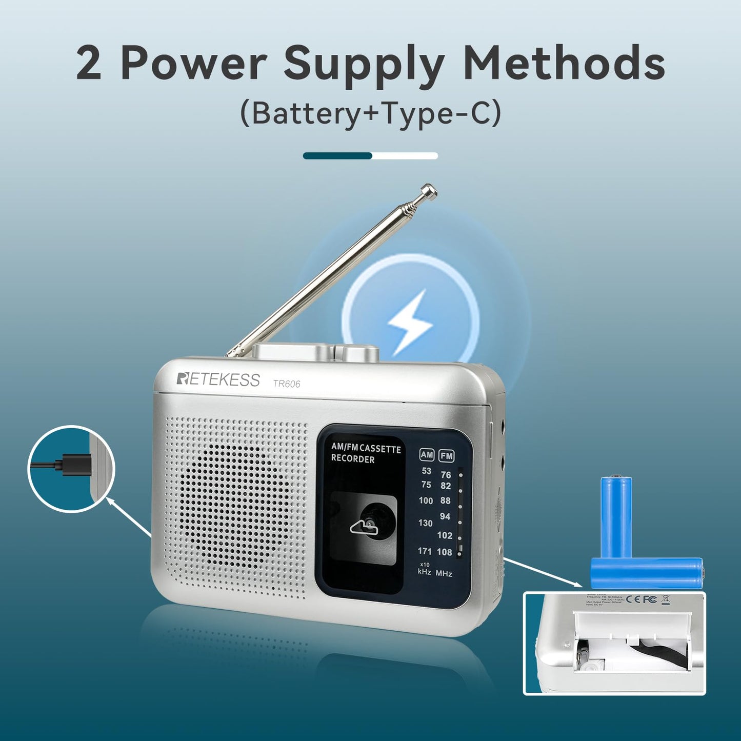 Retekess TR606 Cassette Tape Player, Cassette Player Recorder, Built-in Speaker, AUX/Microphone Jack, Support AUX Line in Record, AM FM Radio, Powered by DC or AA Battery (White)