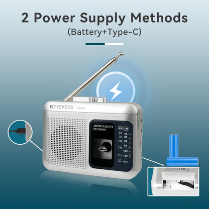 Retekess TR606 Cassette Tape Player, Cassette Player Recorder, Built-in Speaker, AUX/Microphone Jack, Support AUX Line in Record, AM FM Radio, Powered by DC or AA Battery (White)