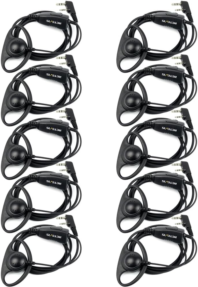 Retevis Case of 10, Walkie Talkies Earpiece with Mic 2 Pin D-Type Headset for H-777 RT22 RT21 RT86S, Compatible with Pxton Kenwood Baofeng BF-888S Walkie Talkies, Walkie Talkie Earpiece(10 Pack)