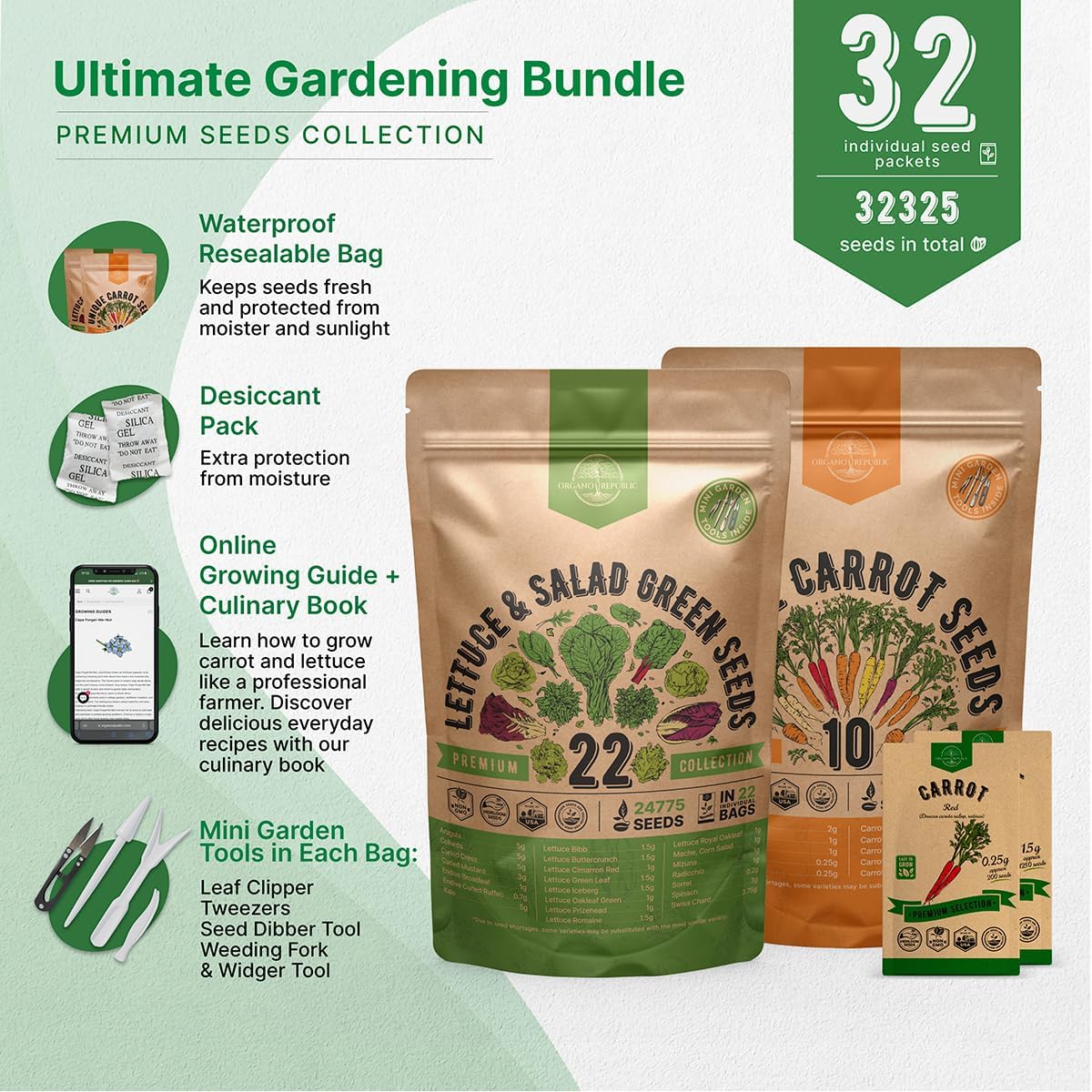 Organo Republic 22 Lettuce & Salad Greens Seeds and 10 Carrot Seeds Variety Pack Bundle, 32,250+ Non-GMO Heirloom Garden Seeds for Planting Vegetables for Indoor & Outdoor Gardening