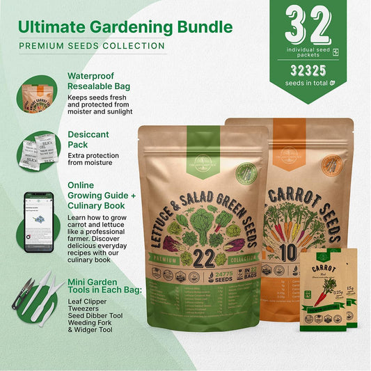 Organo Republic 22 Lettuce & Salad Greens Seeds and 10 Carrot Seeds Variety Pack Bundle, 32,250+ Non-GMO Heirloom Garden Seeds for Planting Vegetables for Indoor & Outdoor Gardening
