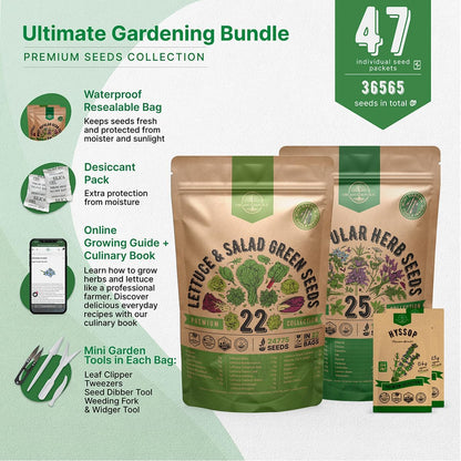 Organo Republic 22 Lettuce & Salad Greens Seeds & 25 Most Popular Herb Seeds Variety Pack Bundle, 36,400+ Non-GMO, Organic, Heirloom Garden Seeds for Planting Vegetables & Herbs for Indoor & Outdoor Gardening