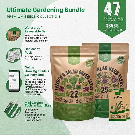 Organo Republic 22 Lettuce & Salad Greens Seeds & 25 Most Popular Herb Seeds Variety Pack Bundle, 36,400+ Non-GMO, Organic, Heirloom Garden Seeds for Planting Vegetables & Herbs for Indoor & Outdoor Gardening