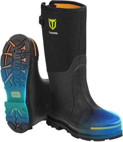 TIDEWE Rubber Work Boot for Men with Steel Toe & Shank, Waterproof Anti Slip Hunting Boot, 6mm Neoprene Hunting Boot for Manufacturing, Construction, Farming, Black,Brown, Size 7-13