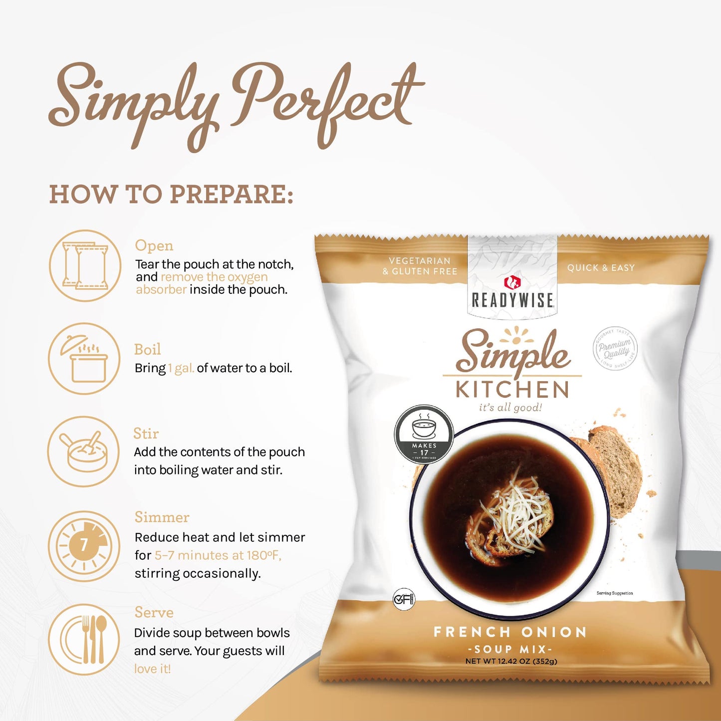 READYWISE - Simple Kitchen, Tomato Basil Soup, 17 Servings, MRE, Gluten Free, & Vegetarian, Food, Soup Mix, for Events, Hiking, Emergency Food Supply, Camping Essentials, or Daily Use, 1 Pack