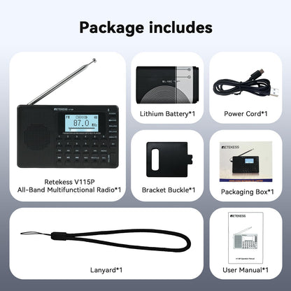Retekess V115 Shortwave Radio, Digital Radio AM FM, Shortwave Receiver with 1000mAh Rechargeable Battery, Presets, TF/AUX Playback and Recording, Bass Speaker, for Camping