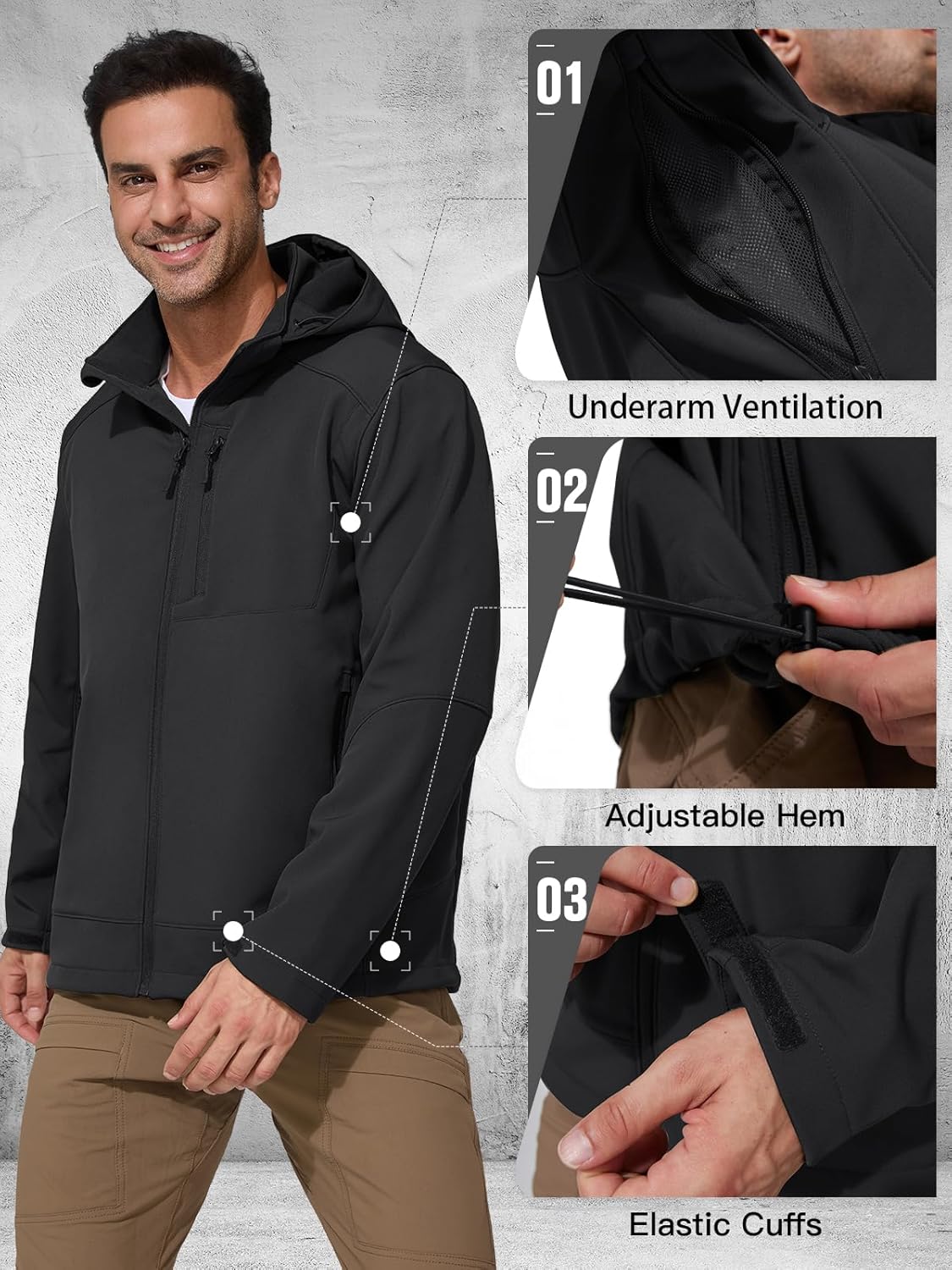 FREE SOLDIER Softshell Jackets for Men Water Resistant Fleece Lined Tactical Hunting Winter Windbreaker with Detachable Hood(Black,2XL)