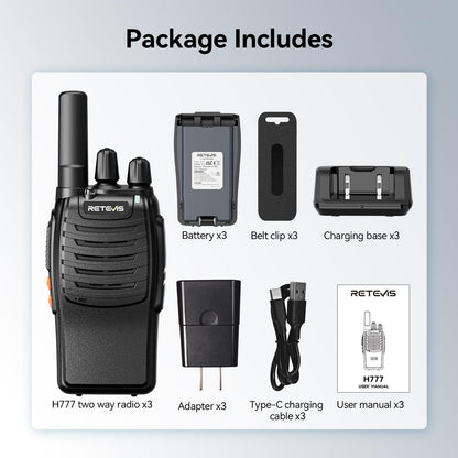 Retevis H-777 Walkie Talkies Rechargeable, 2 Way Radios Long Range, Portable FRS Two-Way Radios, Short Antenna, LED Flashlight, for Adults Family Outdoor (3 Pack)