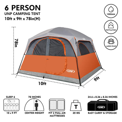 UNP Tents 6 Person Waterproof Windproof Easy Setup,Double Layer Family Camping Tent with 1 Mesh Door & 5 Large Mesh Windows -10'X9'X78in(H)