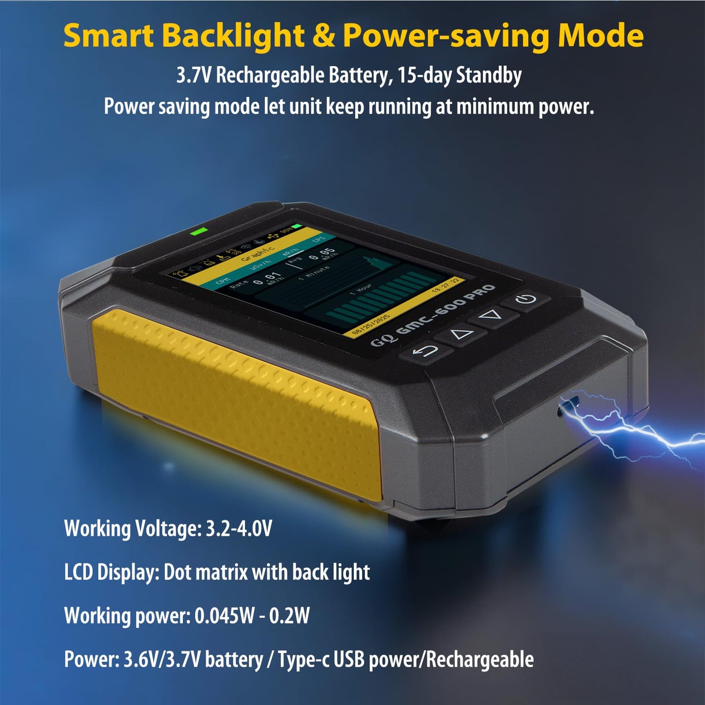 GQ 600 PRO Geiger Counter Nuclear Radiation Detector – Dosimeter for Alpha, Beta, Gamma, X-Ray – Portable Radiation Monitor with Real-Time Data, Global Data Sharing, LCD Display & USB