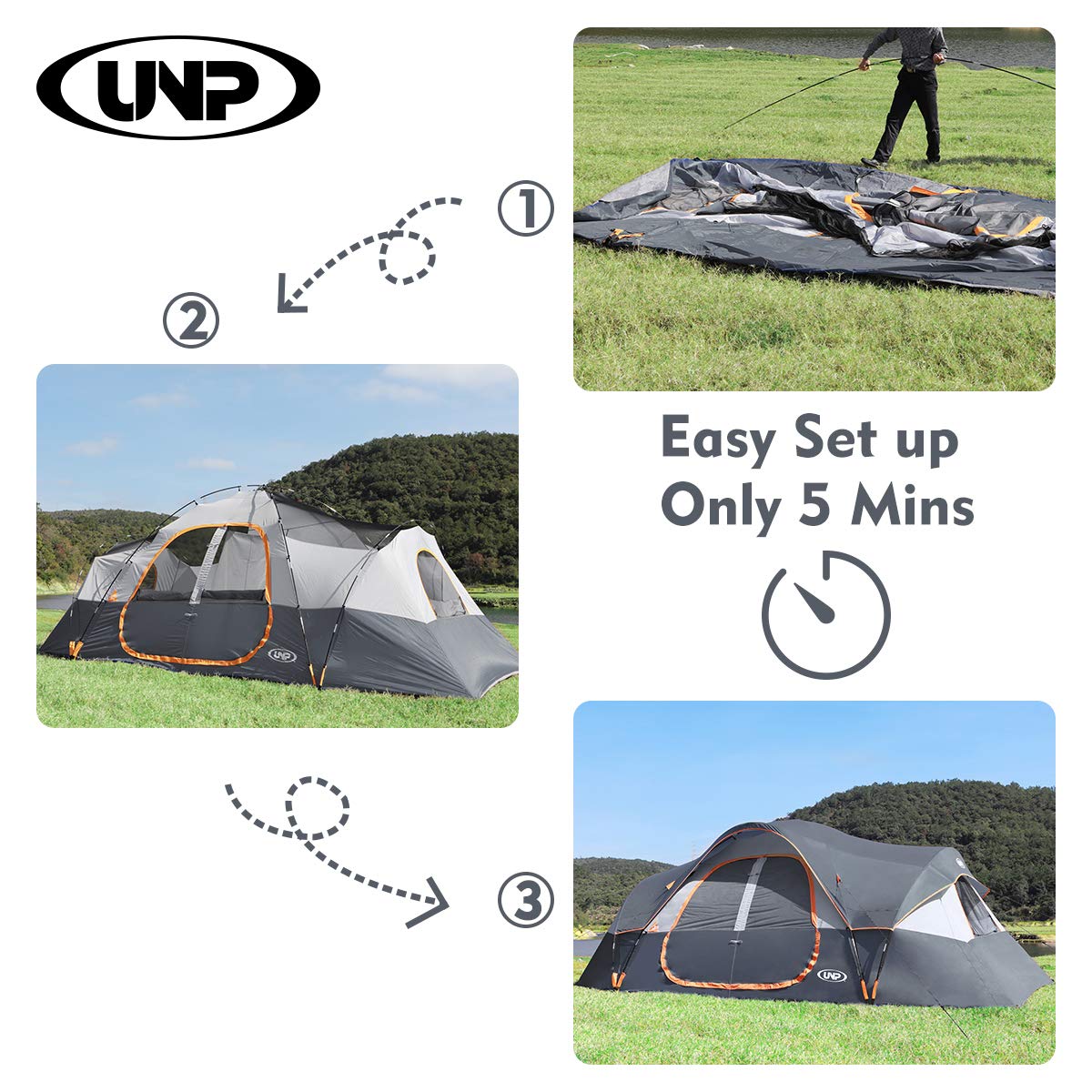 UNP Camping Tent 10-Person-Family Tents, Parties, Music Festival Tent, Big, Easy Up, 5 Large Mesh Windows, Double Layer, 2 Room, Waterproof, Weather Resistant, 18ft x 9ft x78in