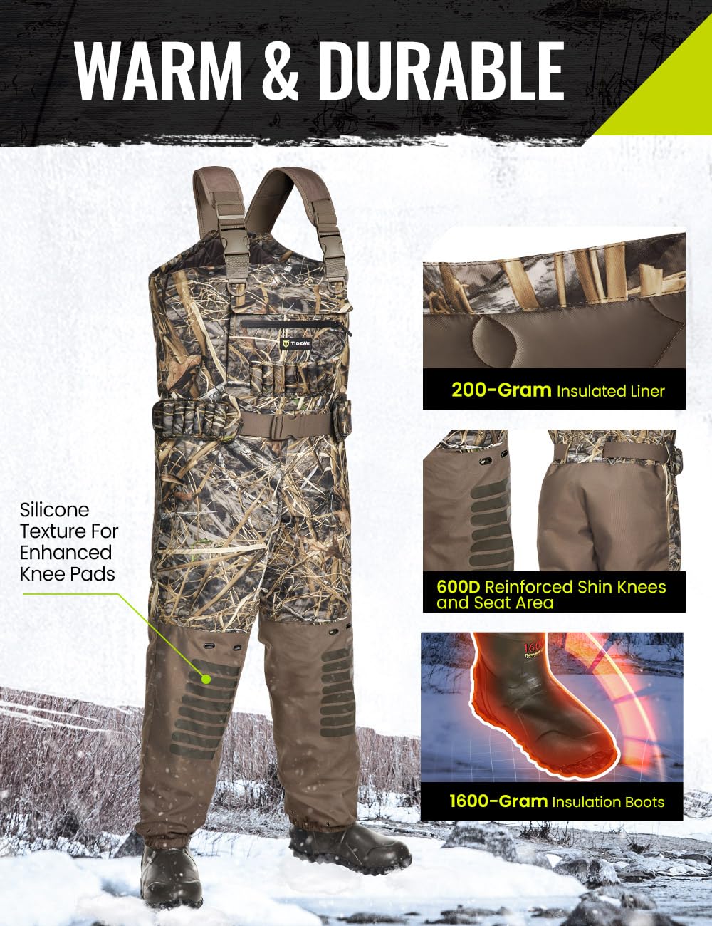 TIDEWE Breathable Chest Wader, 1600G Insulation Waterproof Hunting Wader with Steel Shank Boots & 200G Insulated Liner