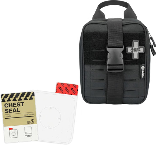 Rhino RESUE Bundle-Vented Chest Seal, 4 Vents, Sterile Emergency Trauma Dressing, Occlusive Adhesive Pad+Trauma Kit with C-A-T Tourniquet, Tactical First Aid Kit Molle Pouch for Military