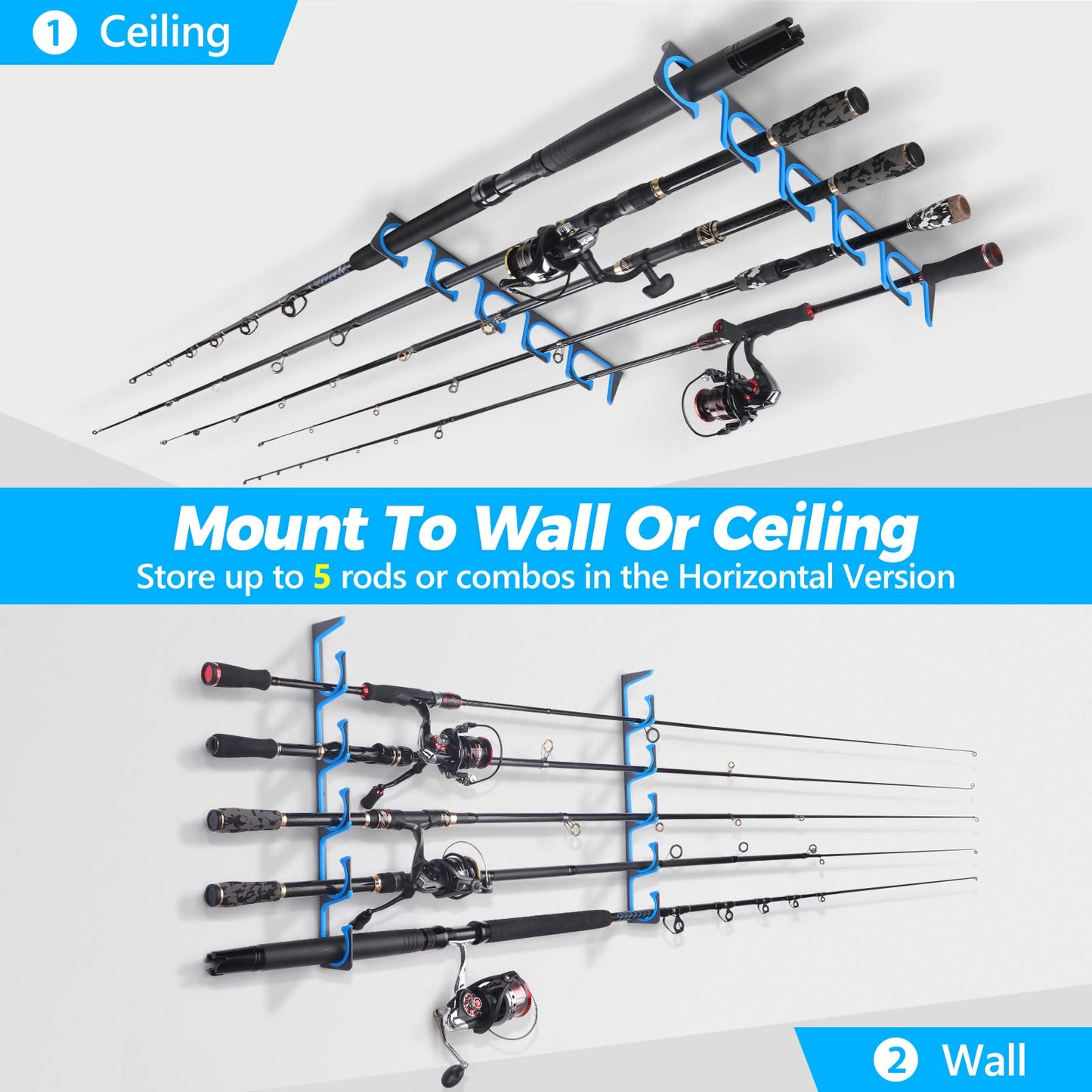PLUSINNO H5 Horizontal Fishing Rod/Pole Holders for Garage, Wall or Ceiling Mounted Fishing Rod Rack, Aviation Aluminum Fishing Holder Holds up to 5/10/20 Rod or Combos Fishing Gear and Gifts for Men