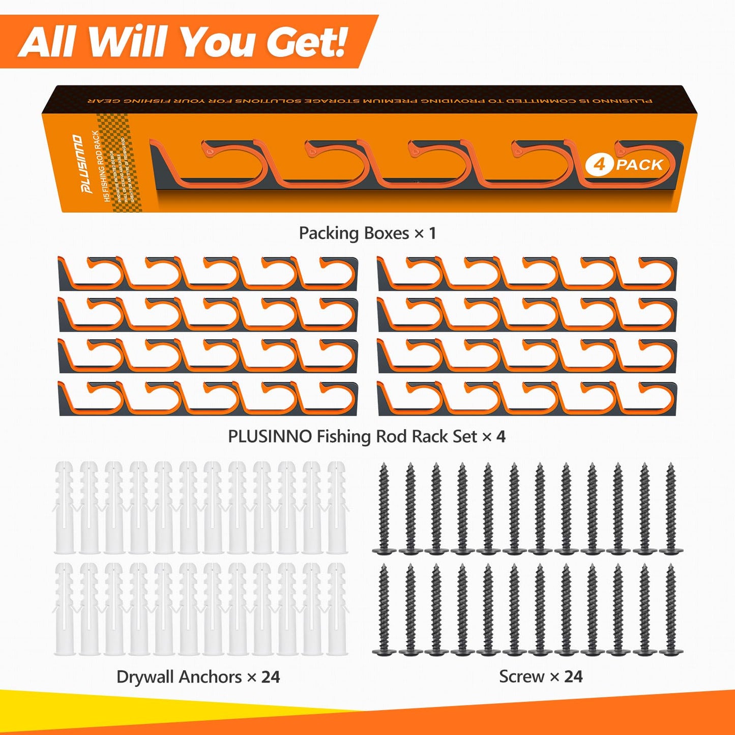 PLUSINNO H5 Horizontal Fishing Rod/Pole Holders for Garage, Wall or Ceiling Mounted Fishing Rod Rack, Aviation Aluminum Fishing Holder Holds up to 5/10/20 Rod or Combos Fishing Gear and Gifts for Men