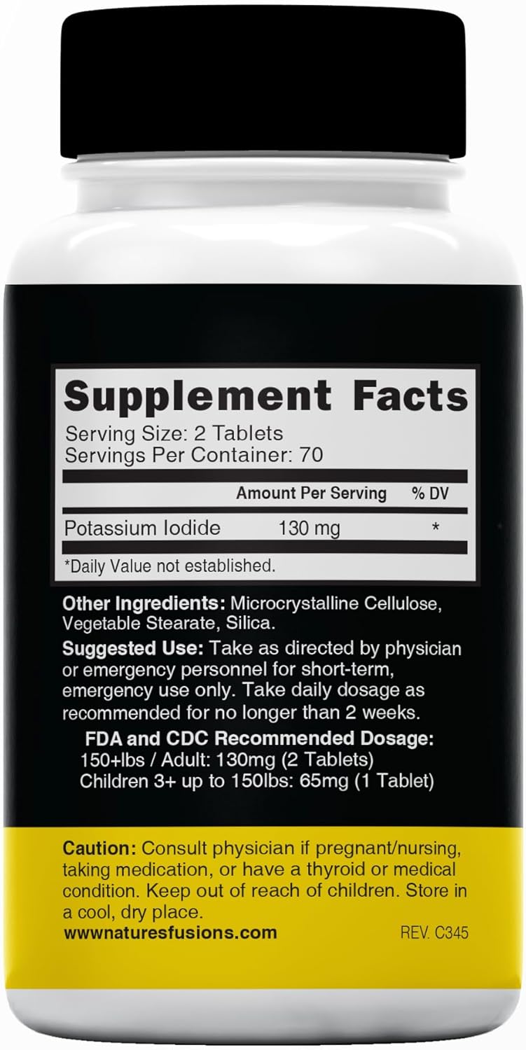 Potassium Iodide Tablets 130 mg - (60 Tablets) 10 Year Shelf-Life EXP 2034 to 2035 - Ki Pills - Yoduro de potasio - Nutri Supplements - 3rd Party Tested - NSF cGMP Certified Facility - Shelf Stable