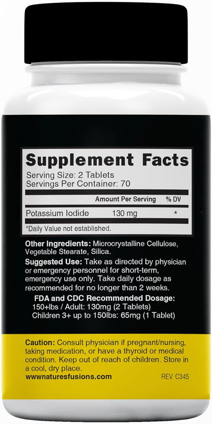 Potassium Iodide Tablets 130 mg - (60 Tablets) 10 Year Shelf-Life EXP 2034 to 2035 - Ki Pills - Yoduro de potasio - Nutri Supplements - 3rd Party Tested - NSF cGMP Certified Facility - Shelf Stable