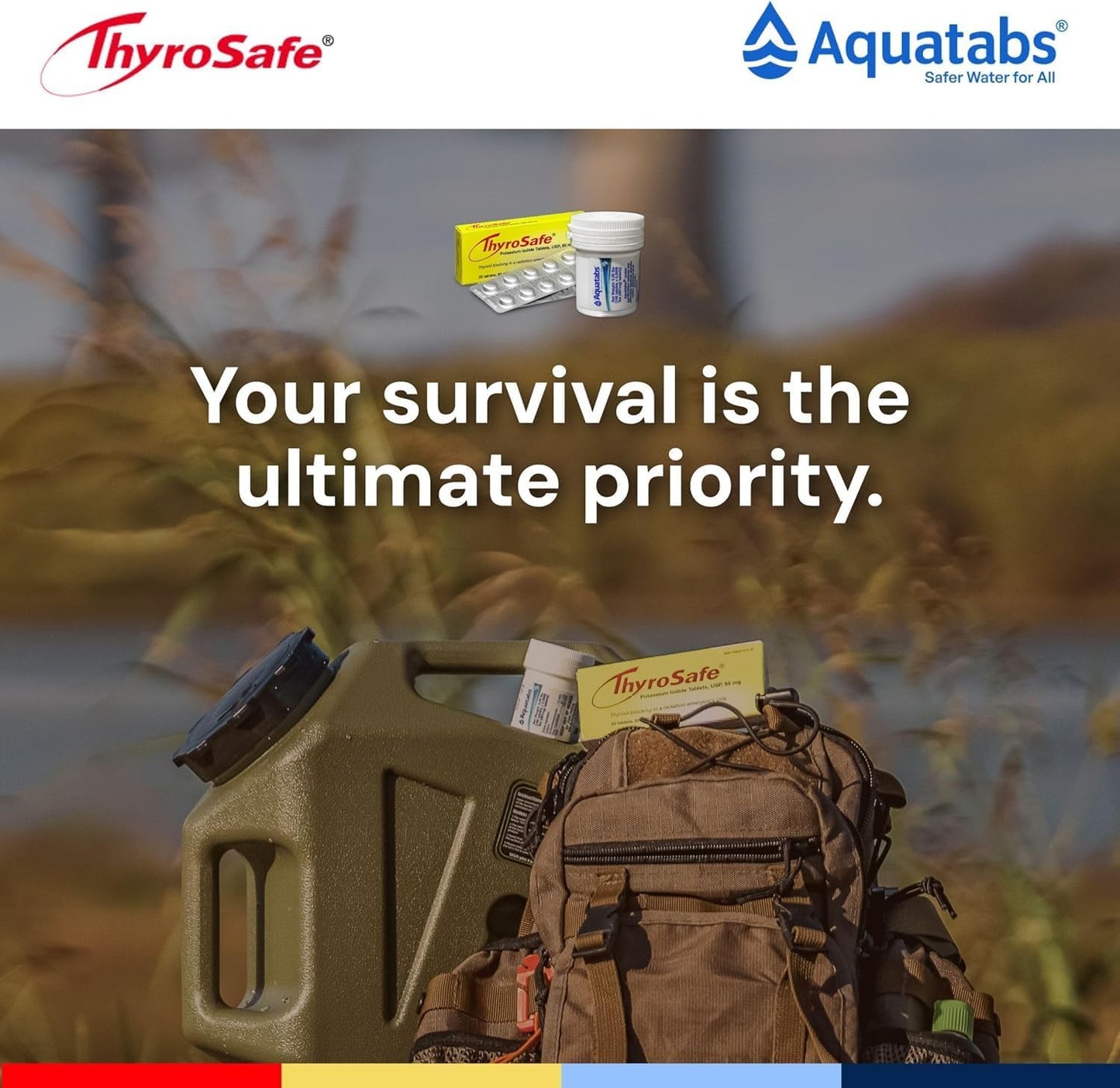 Aquatabs 397mg Water Purification Tablets (100 Pack) and Thyrosafe 65 mg Potassium Iodide Tablets (20 Pack) - Emergency Kit for Radiation and Water Treatment - Portable Survival Kit