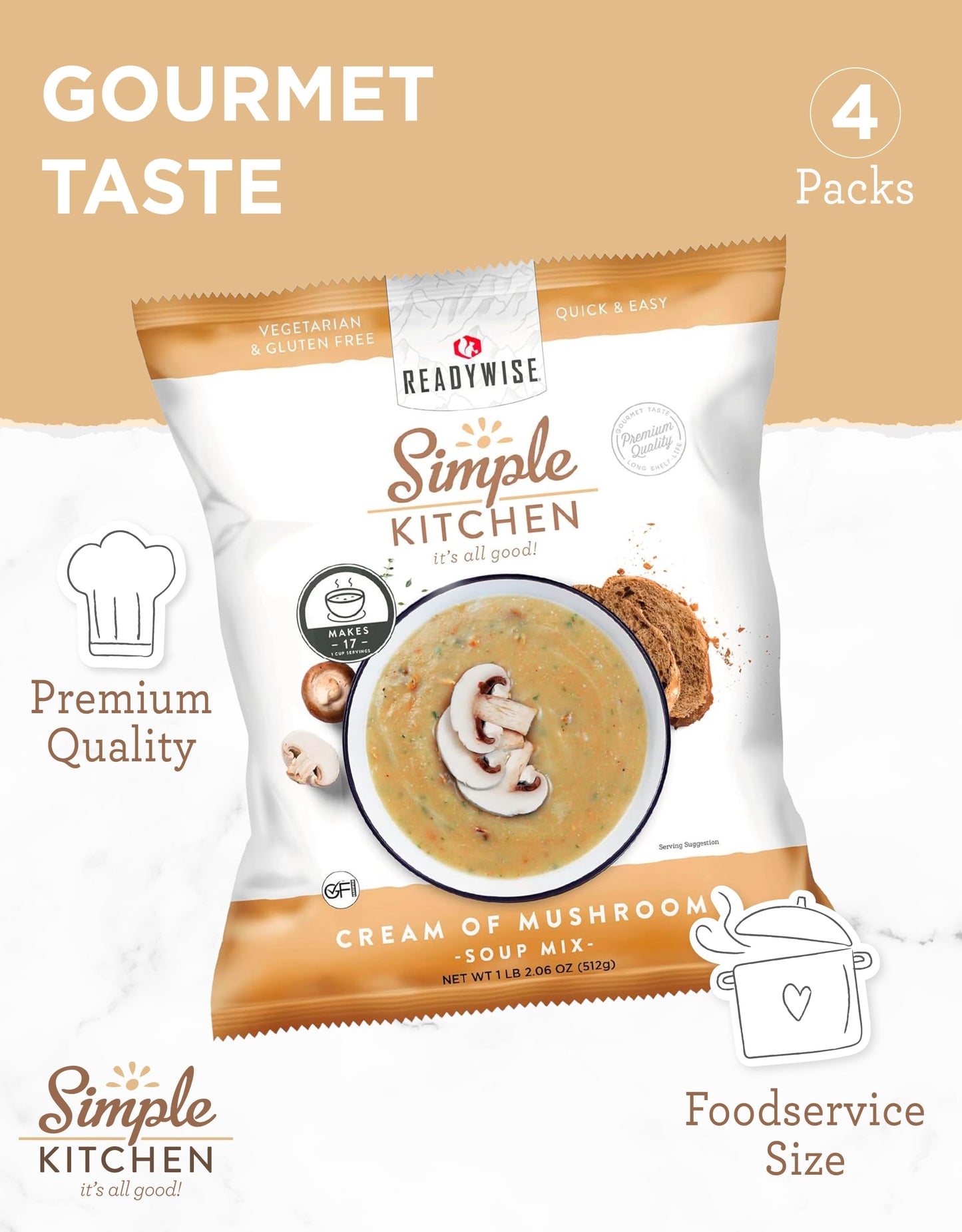 Simple Kitchen Garden Vegetable Soup Mix - 17 Servings for Meal Prep, Gluten Free, Vegetarian, Dehydrated & Freeze Dried Survival Food for Camping Meals, Backpacking & Hiking, Survival Kit, Pack of 4