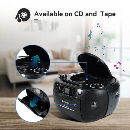 Retekess TR621 CD and Cassette Player Combo, Boombox CD Player for Home, AM/FM, Tape Recording, TF/USB Drive, AC or D Battery Powered, Headphone Jack, Stereo Sound (White)