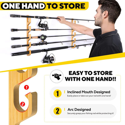 PLUSINNO WH5 Horizontal Fishing Rod/Pole Holders for Garage, Wall or Ceiling Mounted Rack, Solid Wood Fishing Rod Holder Holds up to 5/10/20 Rods or Combos Fishing Gear, Gifts for Men