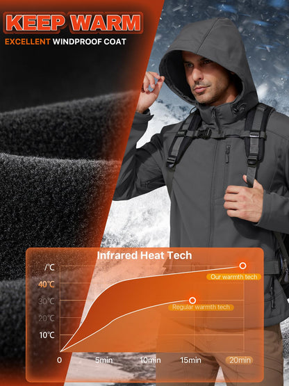 FREE SOLDIER Men's Lightweight Softshell Jacket Winter Fleece Lined Hooded Rain Waterproof Hiking Outdoor Jackets