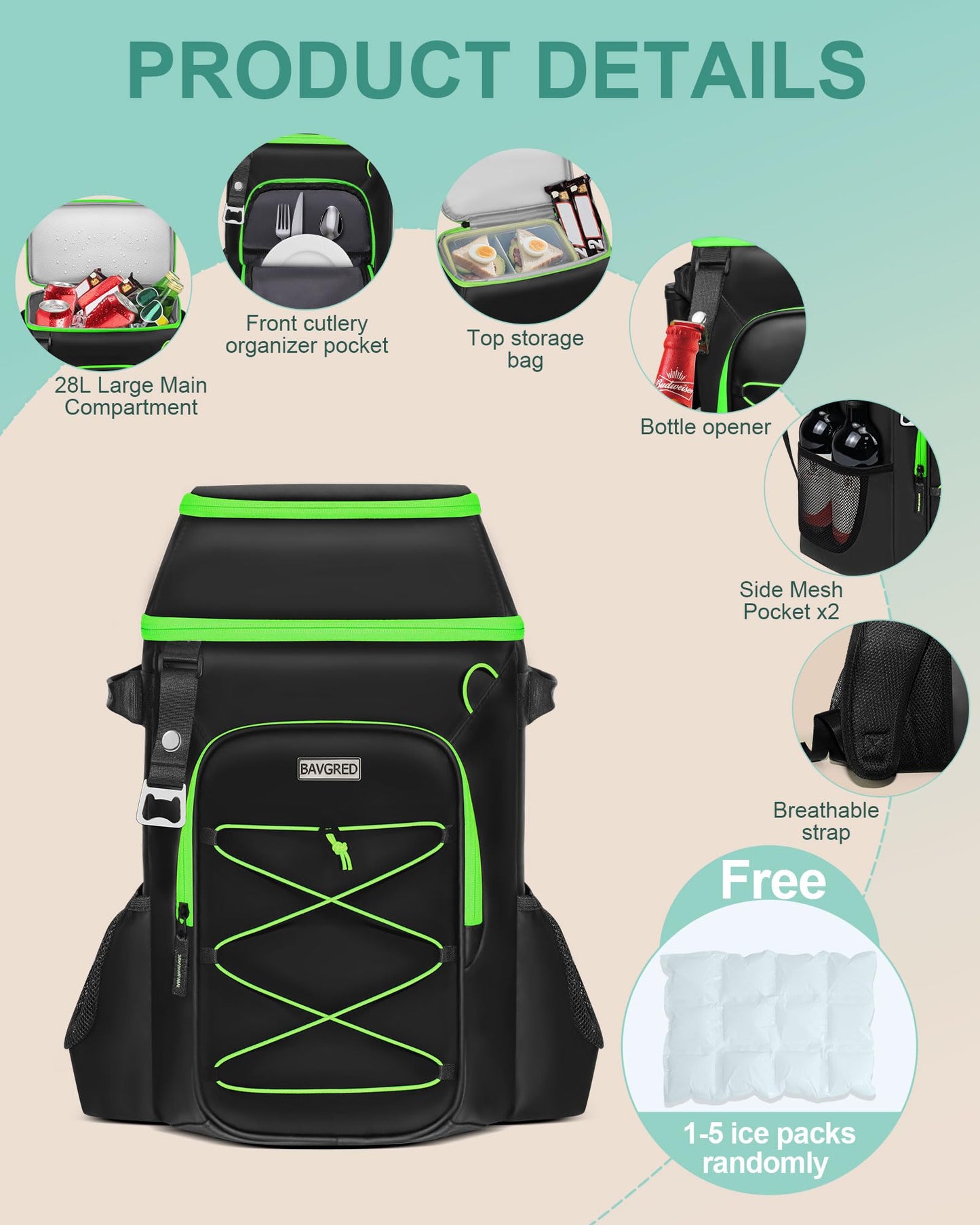 BAVGRED Cooler Backpack Insulated Leak Proof 30 Cans for Men Women,Waterproof Soft Cooler Bag，Lightweight Ice Chest Lunch Backpack for Beach Camping Picnic Travel Worksite Fishing