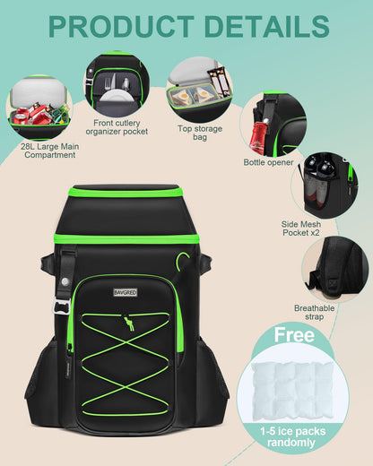 BAVGRED Cooler Backpack Insulated Leak Proof 30 Cans for Men Women,Waterproof Soft Cooler Bag，Lightweight Ice Chest Lunch Backpack for Beach Camping Picnic Travel Worksite Fishing