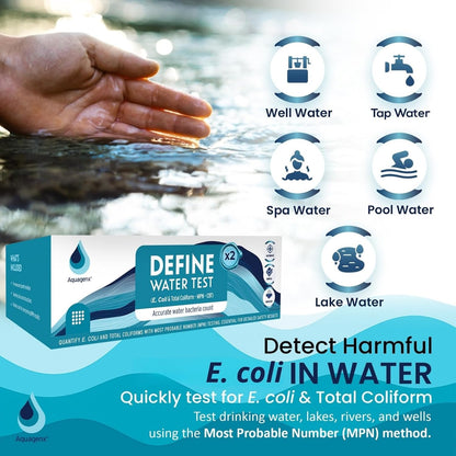 Define Water Test Kit - Detects Most Probable Number of E. coli & Total Coliform - No Lab Required - Home, Well, Tap & Freshwater Testing (2 Pack)