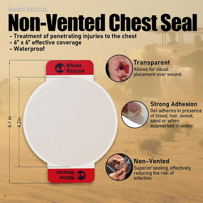 RHINO RESCUE Bundle- Non-Vented Chest Seal, IFAK Emergency Trauma Dressing+6" Israeli Style Emergency Bandage, Compression Trauma Wound Dressing