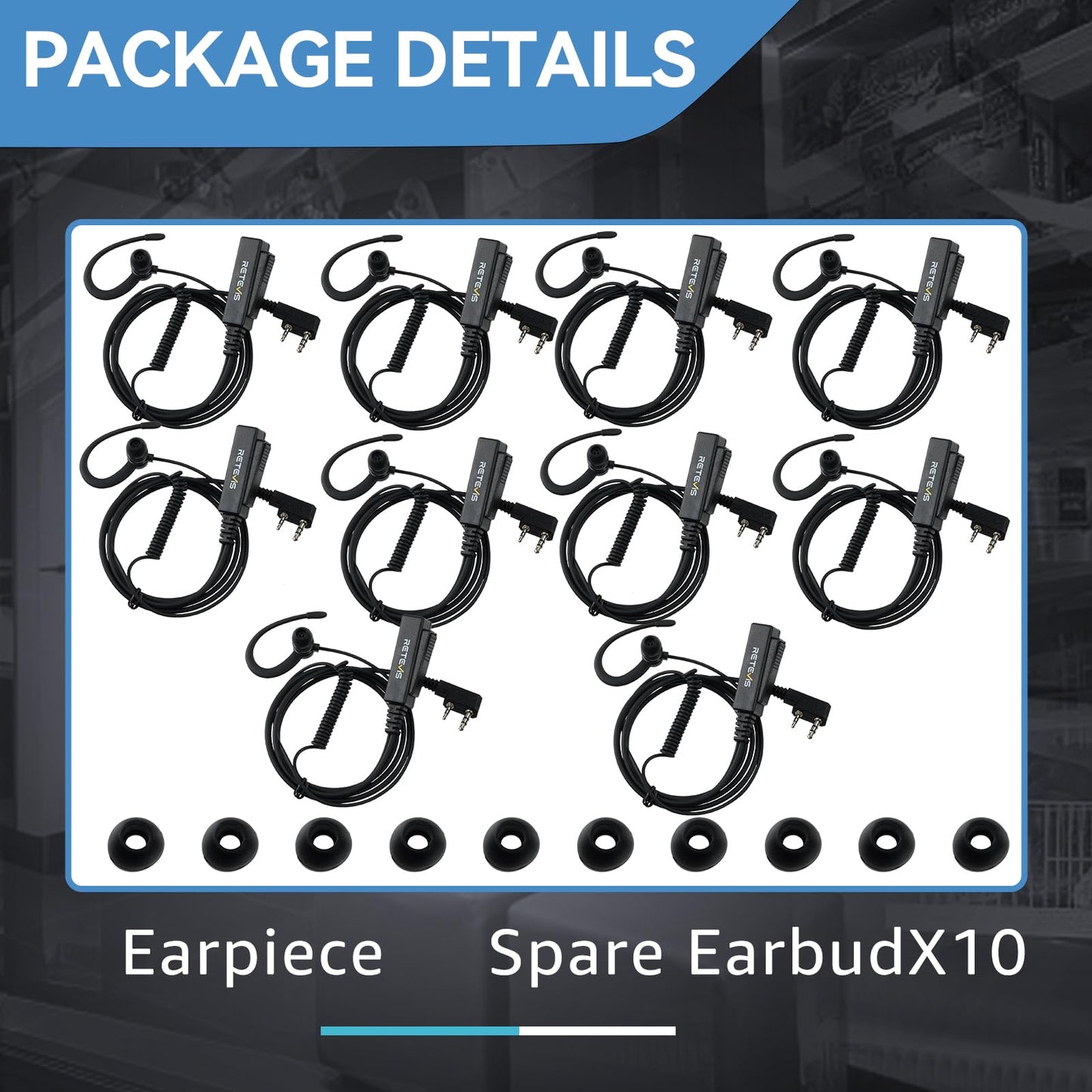 Retevis Walkie Talkie Earpiece with Mic,Volume Adjust,G Shape, for RT22 RT68 RT21 H-777 H-777S RT86,Compatible with Baofeng UV-5R 888S pxton Kenwood Two Way Radios,2 Way Radio Earpiece 2 Pin(10 Pack)