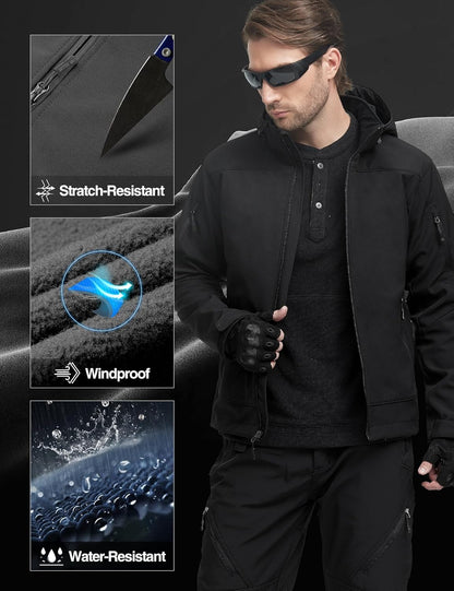 FREE SOLDIER Softshell Jackets for Men Water Resistant Fleece Lined Tactical Hunting Winter Windbreaker with Detachable Hood(Black,XL)