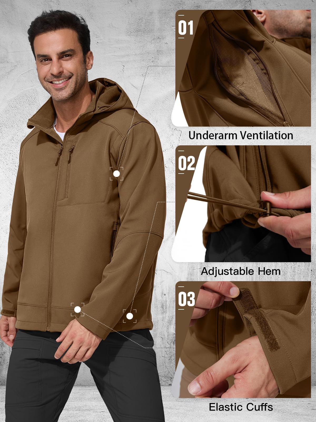 FREE SOLDIER Men's Lightweight Softshell Jacket Winter Fleece Lined Hooded Rain Waterproof Hiking Outdoor Jackets