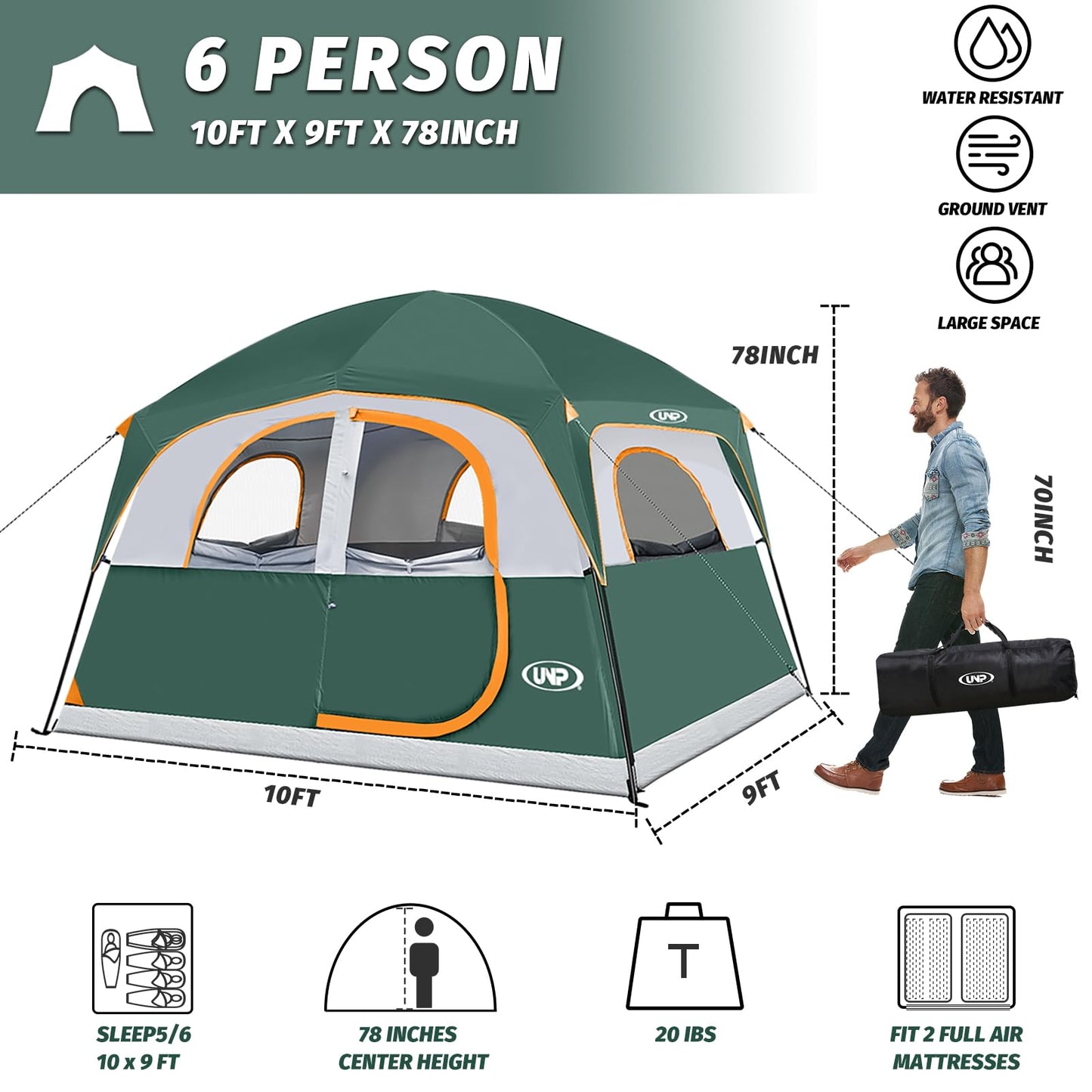 UNP Tents 6 Person Waterproof Windproof Easy Setup,Double Layer Family Camping Tent with 1 Mesh Door & 5 Large Mesh Windows -10'X9'X78in(H)