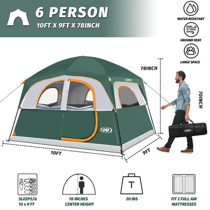 UNP Tents 6 Person Waterproof Windproof Easy Setup,Double Layer Family Camping Tent with 1 Mesh Door & 5 Large Mesh Windows -10'X9'X78in(H)