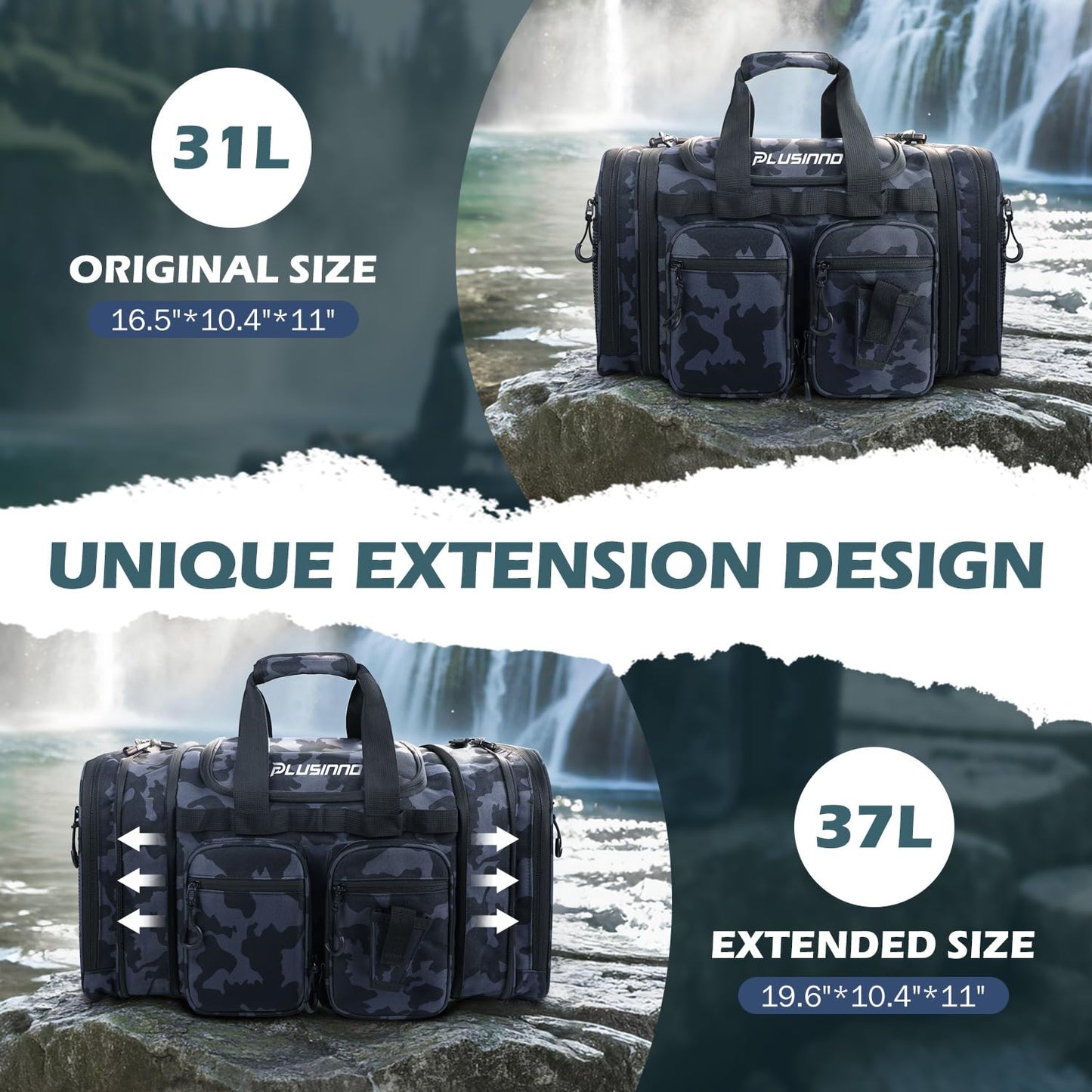 PLUSINNO Tackle Bag - Expandable Fishing Bag for Saltwater & Freshwater - Water Resistant Fishing Gear Shoulder Bag For Men, All-purpose Carrying Bags for Outdoors