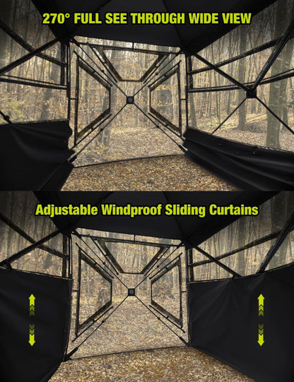 TIDEWE Hunting Blind 270°Full See Through with Windproof Curtain, Silent Magnetic Door & Sliding Windows, 2-3 Person Pop Up Ground Blind with Carrying Bag, 300D Portable Tent