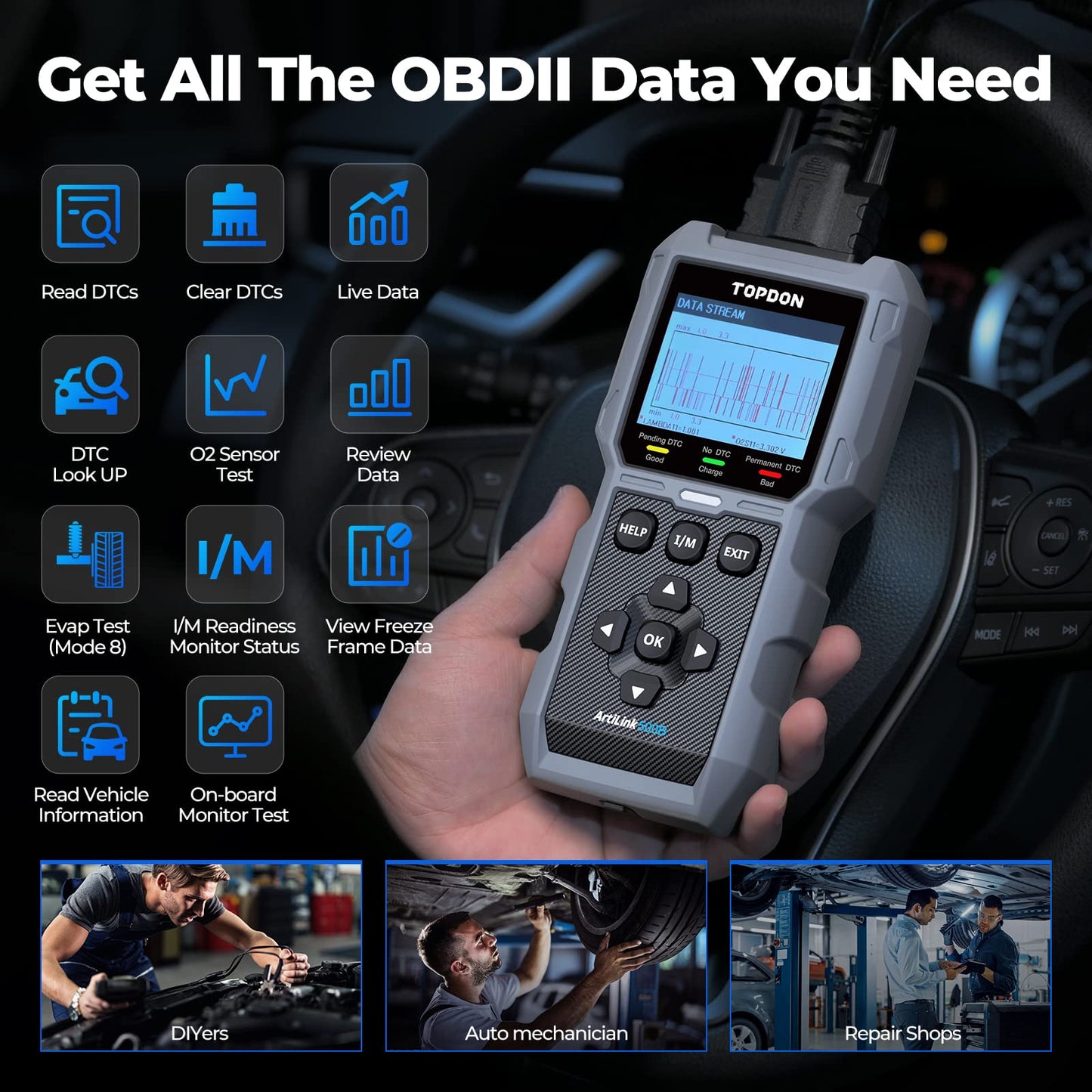TOPDON AL500B OBD2 Scanner Battery Tester 2 in 1 Code Reader, Full OBDII Diagnosis, 12V Battery Tests & 12V/24V Cranking Tests, Charging Tests, Scan Tool, Car Diagnostic Tool for All OBDII Cars