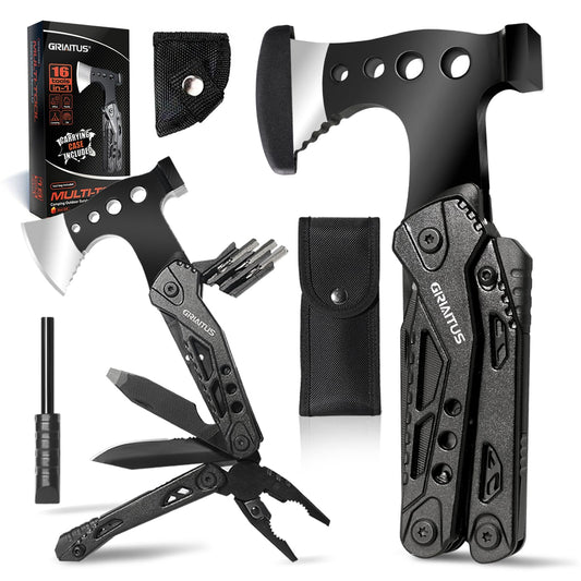 Camping Multitool Accessories Stocking Stuffers for Men 16 in 1 Multi Tool Survival Gear with Axe Hammer Pliers Saw Screwdrivers Bottle Opener Whistle with Sheath for Hiking, Gifts for Men Dad Him