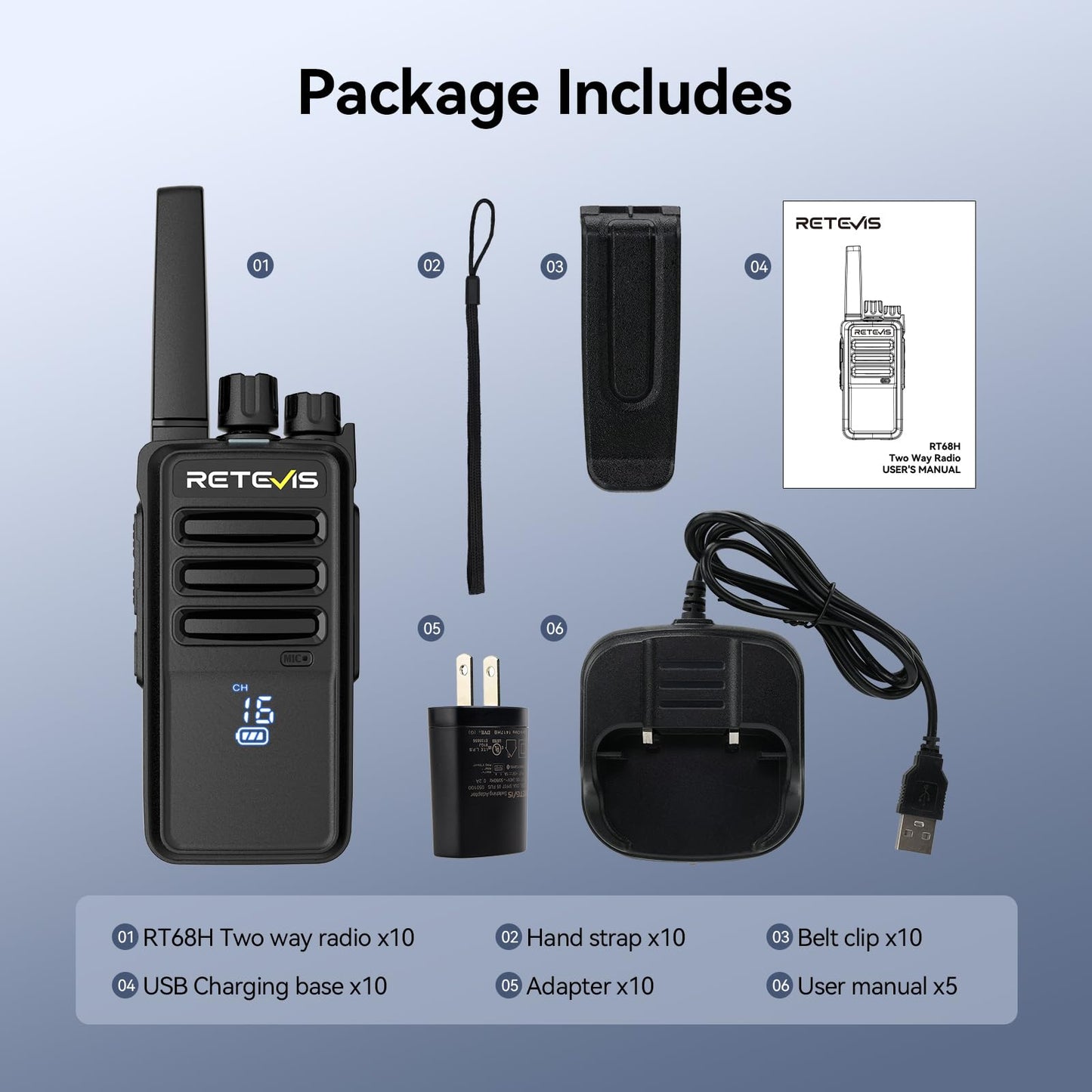 Retevis RT68 Two-Way Radios Long Range, Walkie Talkies for Adults, 2 Way Radio with Earpiece, Walkie Talkie Rechargeable with Charging Base, for Manufacturing Restaurant Business School(10 Pack)