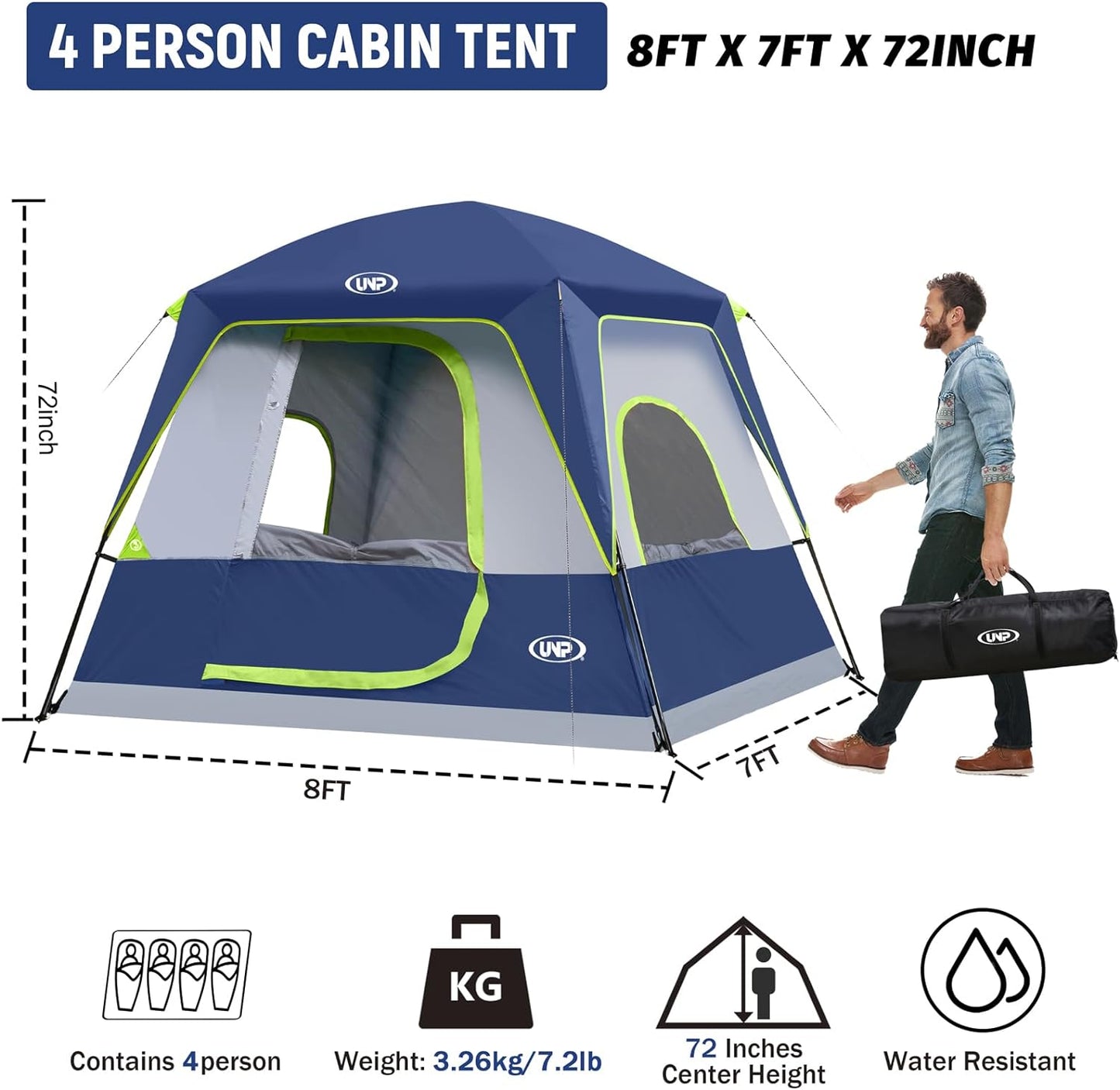 UNP 4 Person Camping Dome and Cabin Tent Easy Set Up, Waterproof with Top Rainfly for Outdoor Camping/Hiking