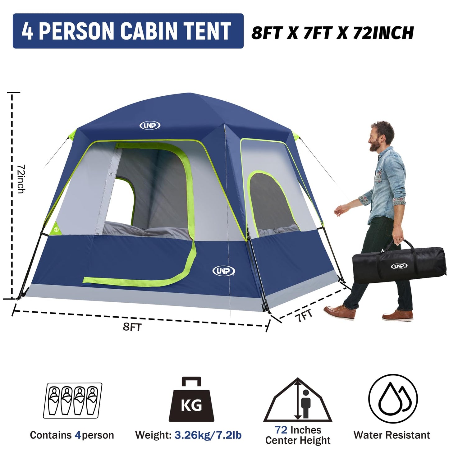 UNP 2/4/6/8 Person Tent, Portable Cabin Tent, Camping Tent 4-Person Easy Set Up, Waterproof with Top Rainfly for Outdoor Camping/Hiking | Easy Set Up, Waterproof, Top Rainfly