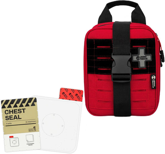 RHINO RESCUE Bundle-Vented Chest Seal, 4 Vents, Sterile Emergency Trauma Dressing, Occlusive Adhesive Pad+IFAK Trauma Kit with C-A-T Tourniquet for Wound Care, Tactical First Aid Kit Molle Pouch